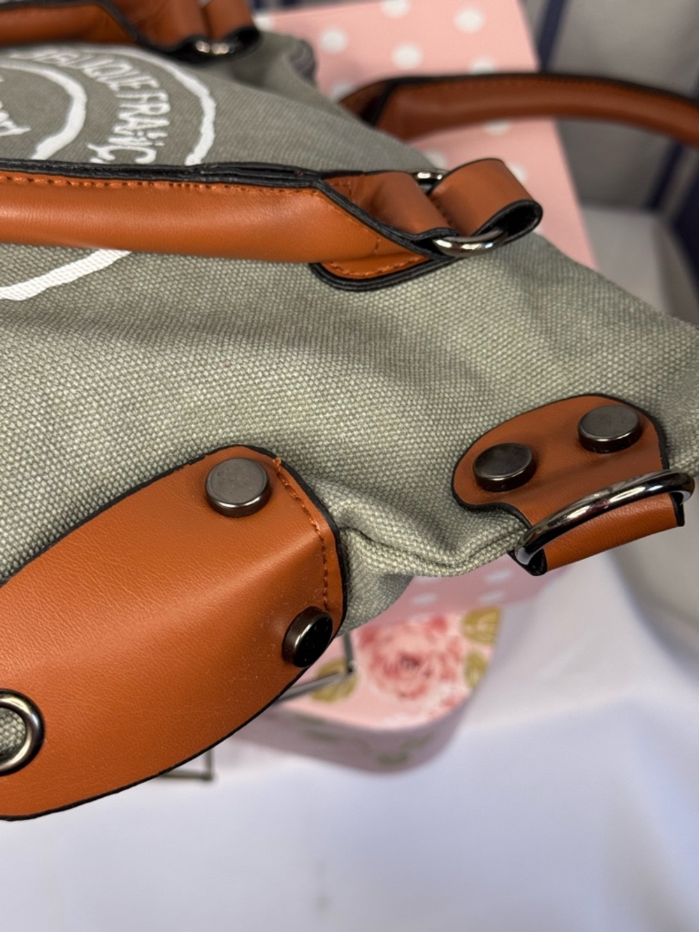 Paris Republique Stamped Gray Canvas Messenger Bag - Picture 8 of 11
